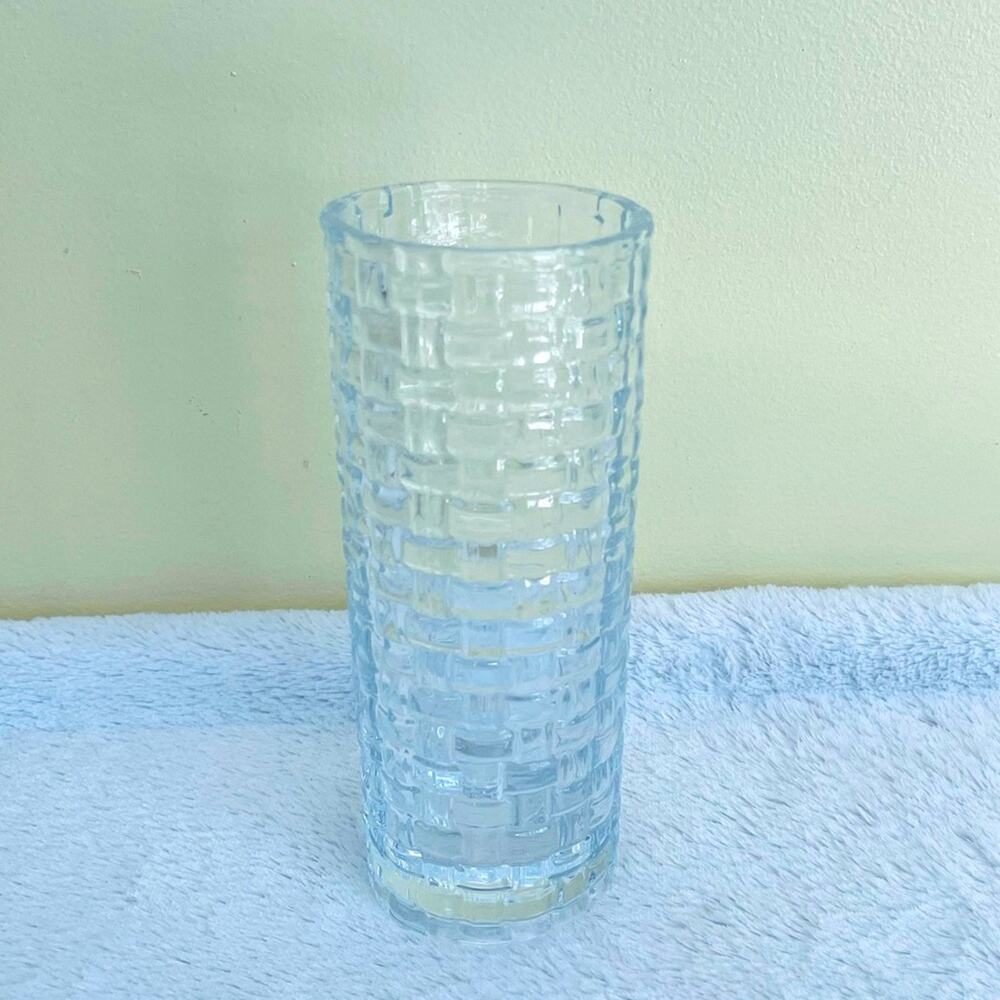 Vtg Woven Basketweave Pattern 8" Vase Glass Textured Cylindrical Minimalist